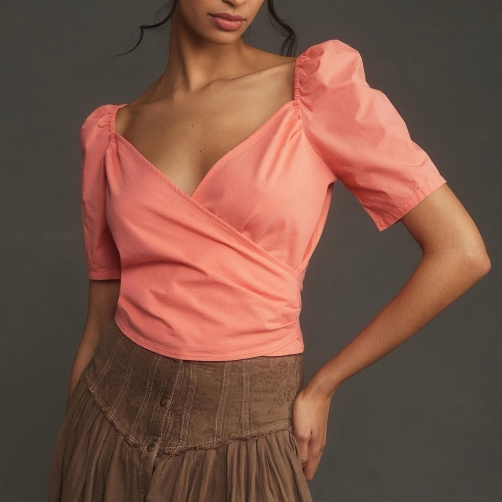 Anthropologie Half Puff-Sleeve Wrap Top Coral Pink Size XXS V-Neck NEW